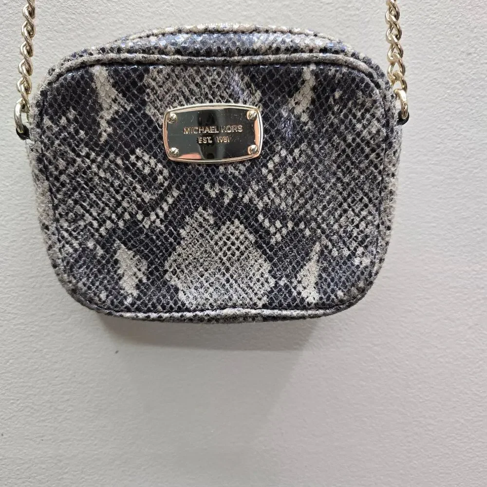 Michael Kors Snake/Python Print Leather Small Crossbody Purse Chain Detail Gray